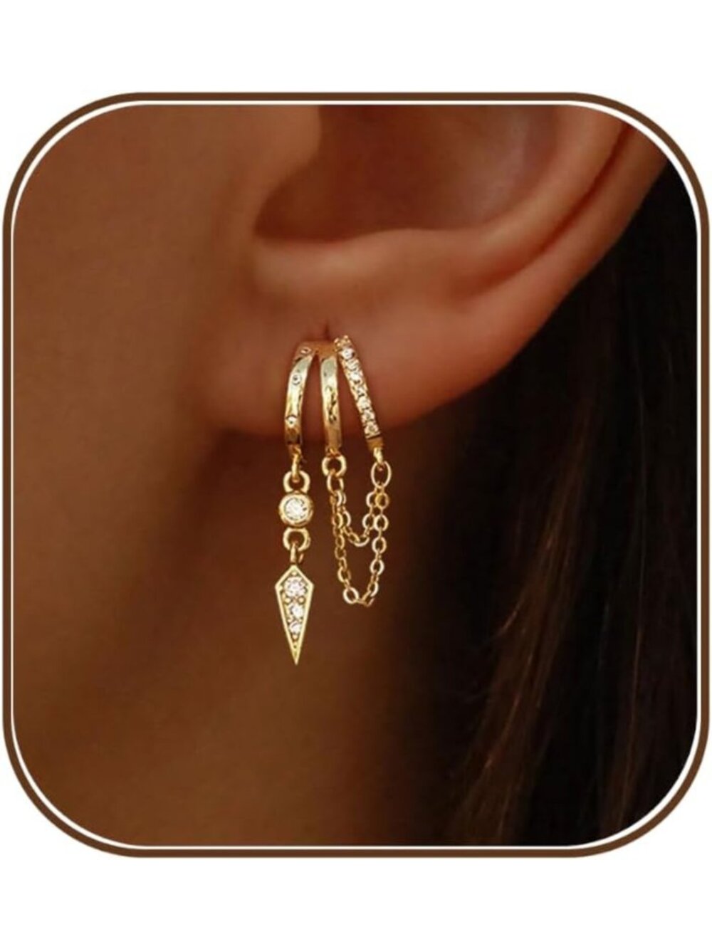 Trendy 14k Gold Plated Dangle Earrings, Cute Triple Huggie & Drop Design